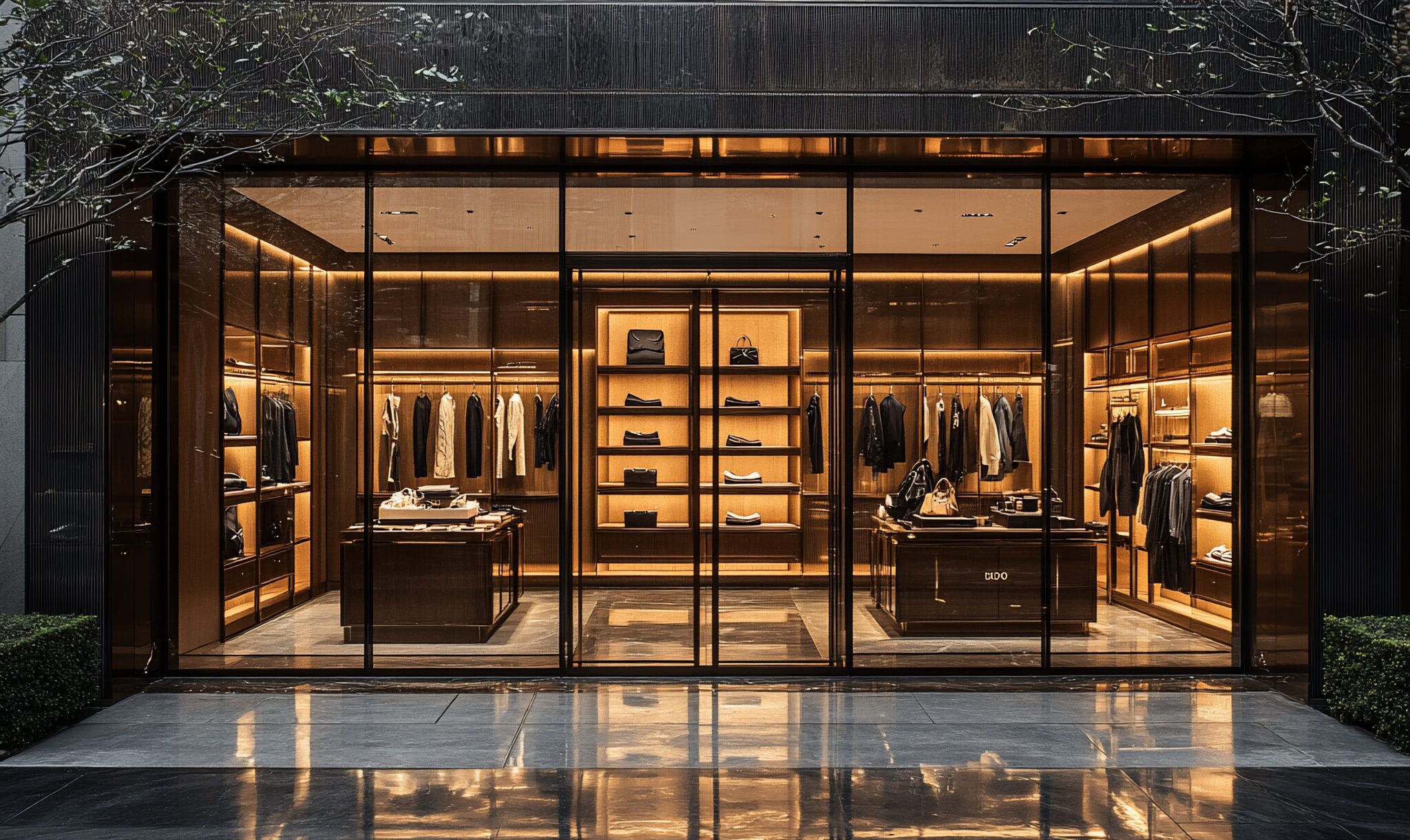 Wnętrze luksusowego butiku z modą włoską, eksponujące odzież i akcesoria