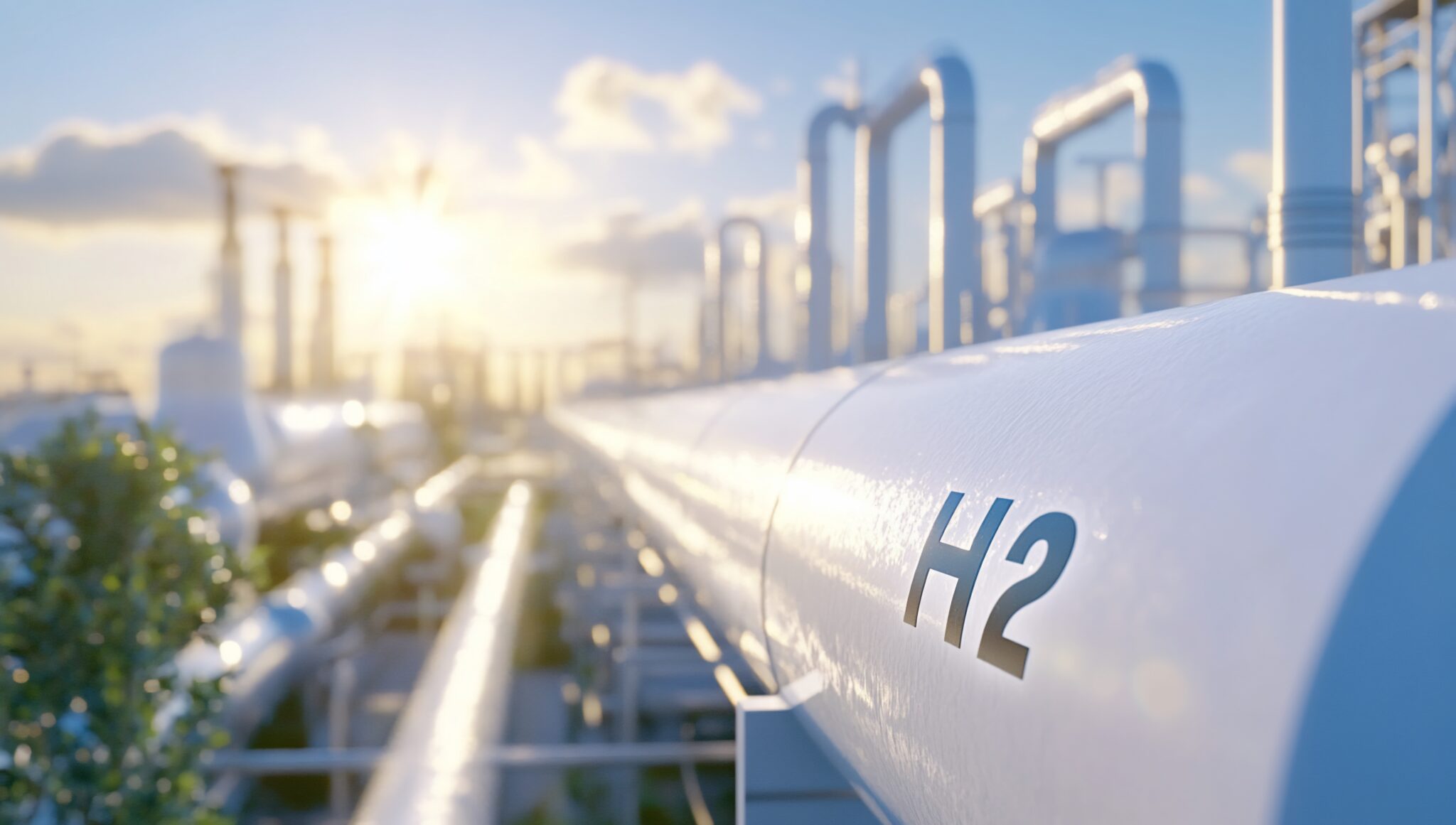 Instalacja przemysłowa z rurociągami oznaczonymi symbolem H₂ do przesyłu wodoru