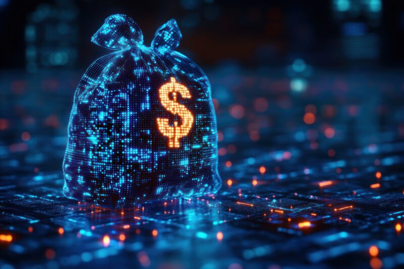 Cyfrowy worek pieniędzy symbolizujący inwestycje i zysk finansowy