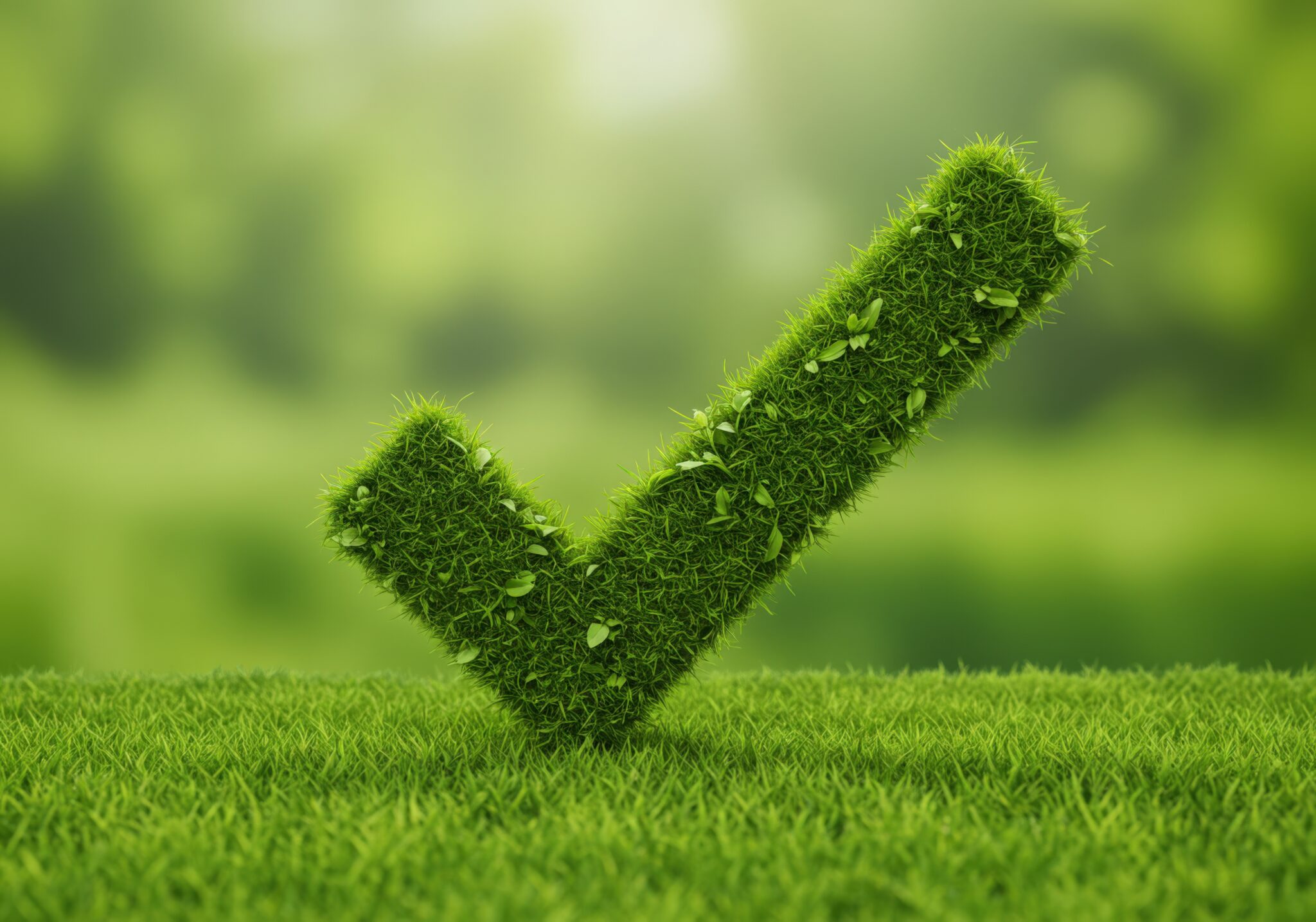 Zielony symbol akceptacji uformowany z trawy na tle naturalnego środowiska