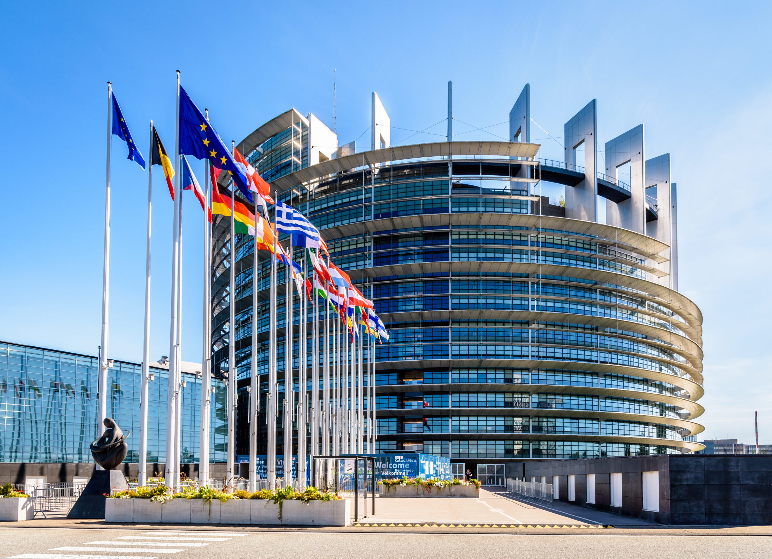 Budynek Parlamentu Europejskiego z flagami państw członkowskich Unii Europejskiej na pierwszym planie