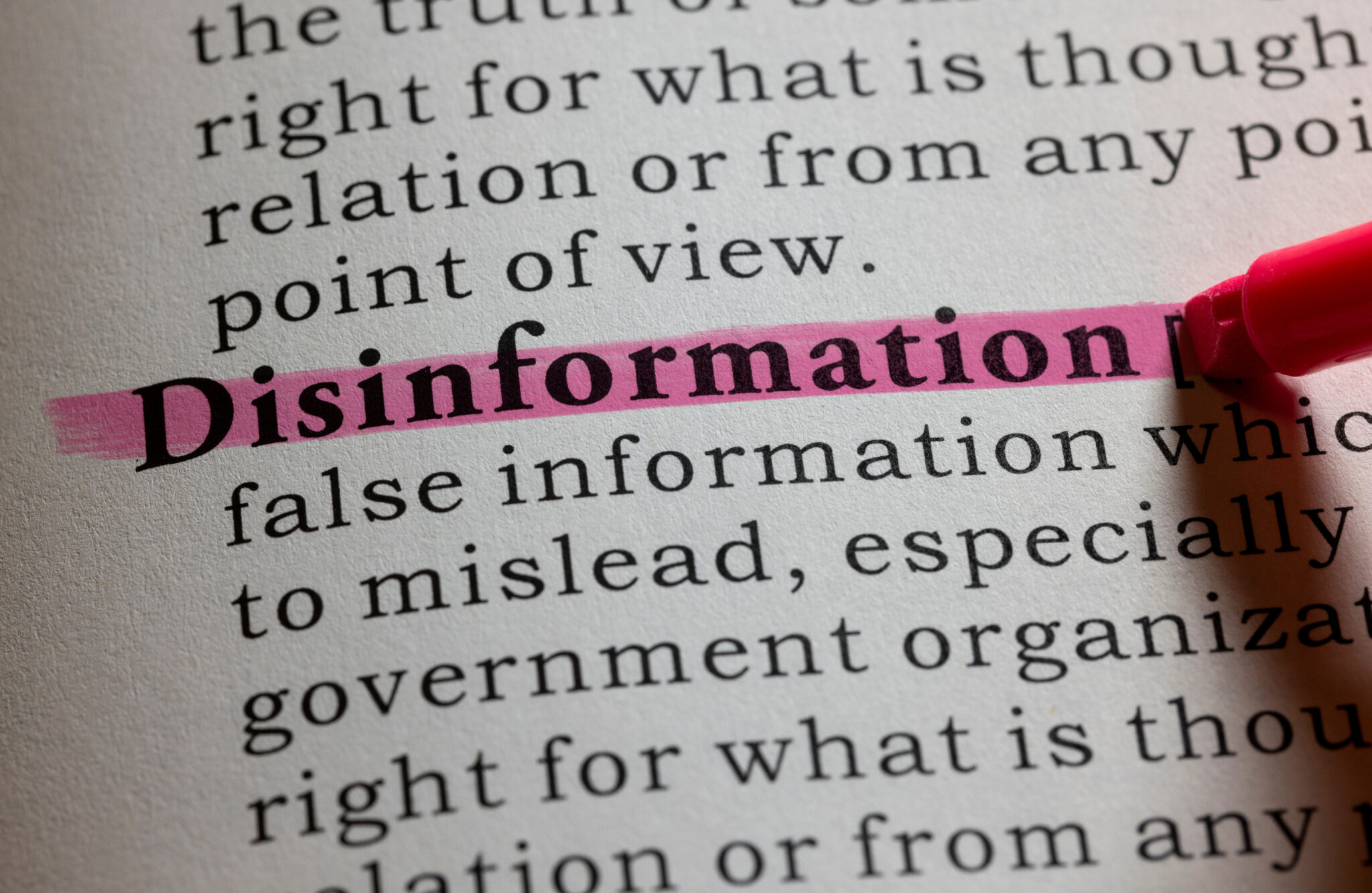 Słowo „Disinformation” podkreślone na różowo w słowniku – symbol fałszywych informacji i manipulacji
