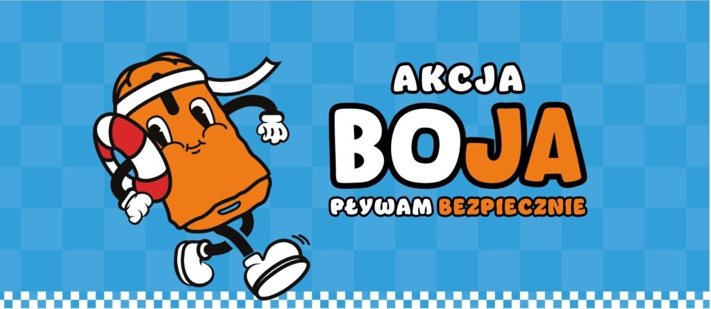 Logo i maskotka kampanii „BoJa – Pływam bezpiecznie” na niebieskim tle