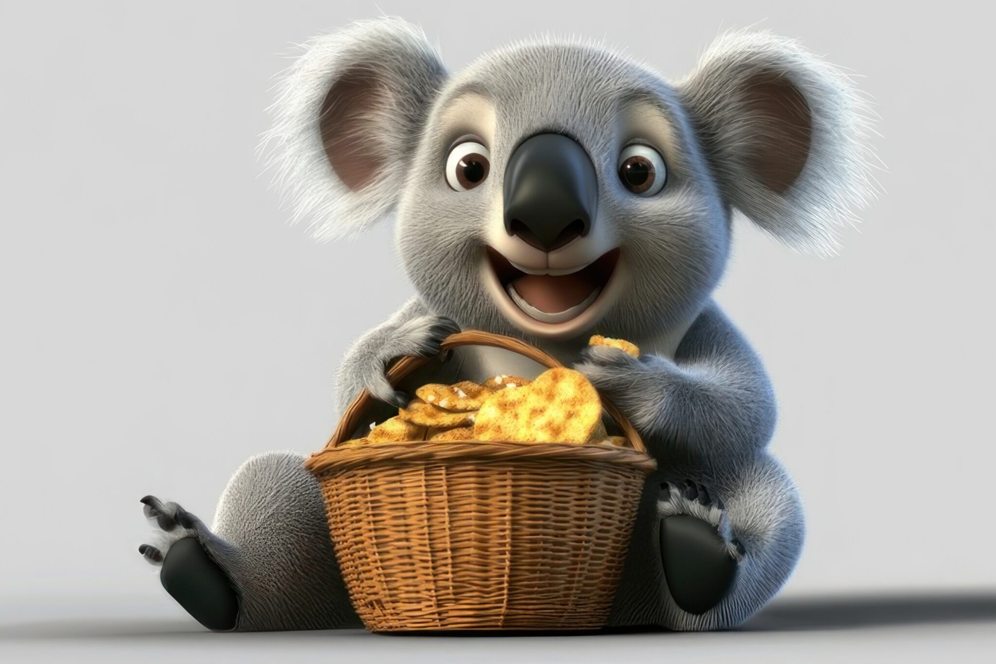 Uśmiechnięty animowany koala trzymający kosz pełen chipsów