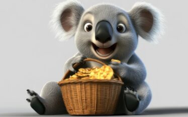 Uśmiechnięty animowany koala trzymający kosz pełen chipsów