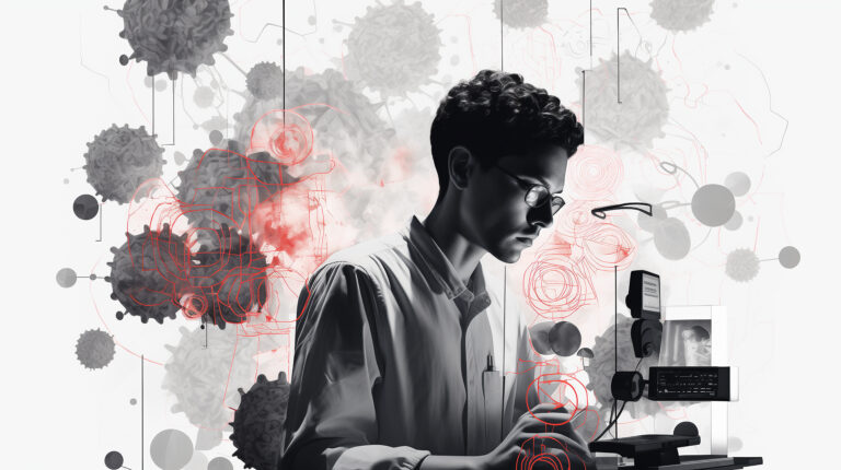 Designer pracujący nad projektem odzieży w otoczeniu czarnych elementów symbolizujących niepoprawne praktyki