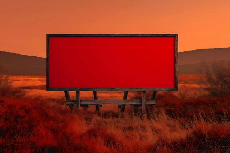 Czerwony billboard na tle pomarańczowego krajobrazu symbolizujący zakaz reklamy
