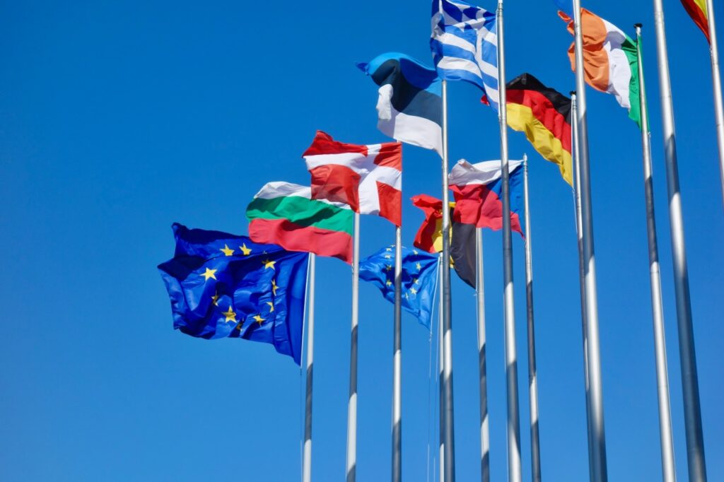 Flagi państw Unii Europejskiej na tle błękitnego nieba