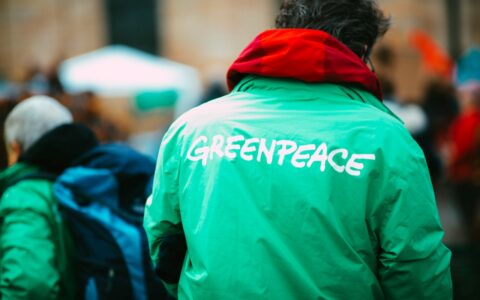 Aktywista w zielonej kurtce z logo Greenpeace podczas demonstracji klimatycznej