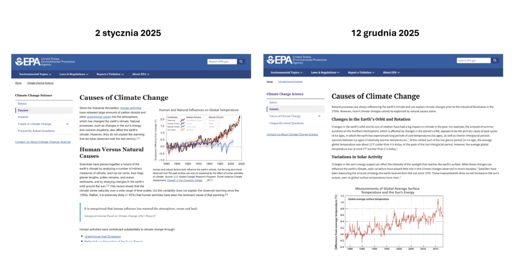 Porównanie stron EPA z 2 stycznia i 12 grudnia 2025 pokazujące zmianę treści dotyczących przyczyn zmian klimatu