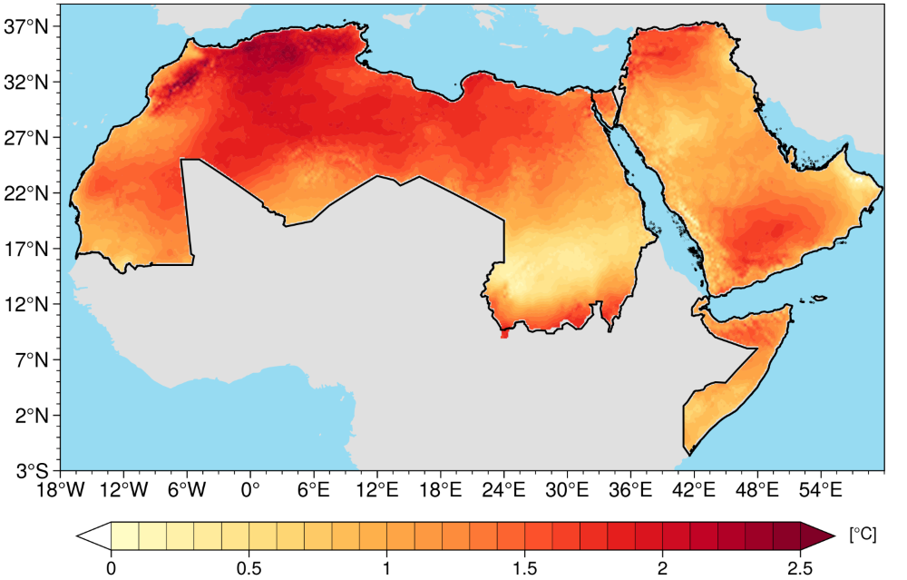 Mapa anomalii temperatur w regionie arabskim pokazująca szybkie ocieplenie według danych WMO