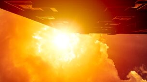 Intensywne światło i gorące powietrze symbolizujące ekstremalne upały oraz rosnące zagrożenie klimatyczne w miastach Europy Południowej.