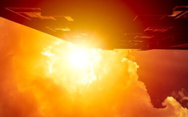 Intensywne światło i gorące powietrze symbolizujące ekstremalne upały oraz rosnące zagrożenie klimatyczne w miastach Europy Południowej.