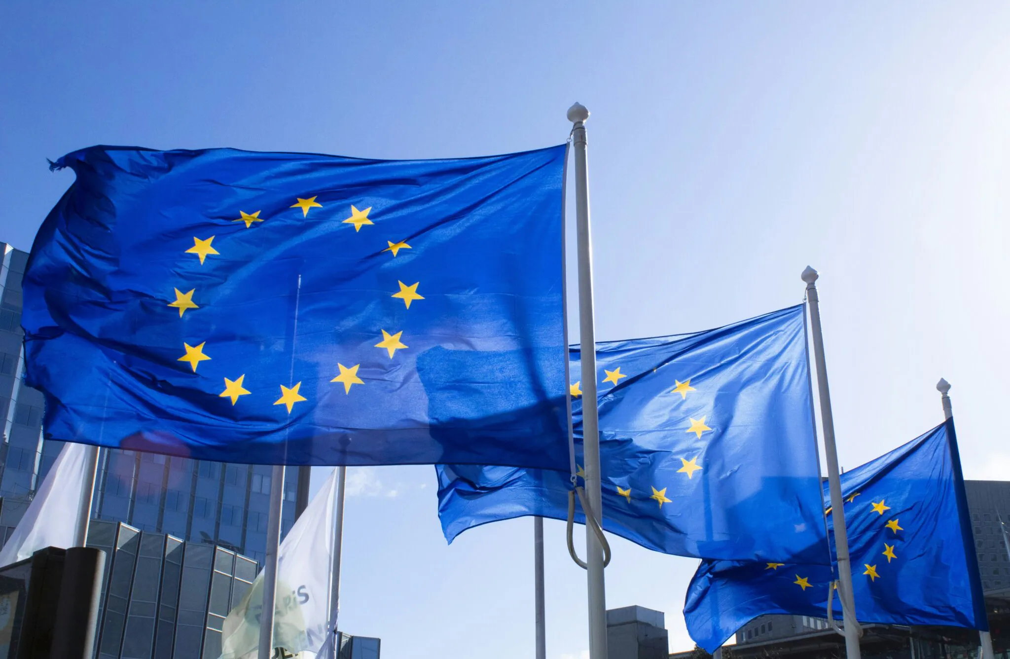 Flagi Unii Europejskiej powiewające na tle błękitnego nieba